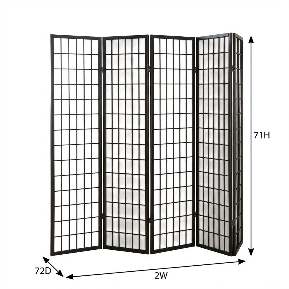Black 4-Panel Wood Folding Room Divider, Rice Paper, 71 Inch
