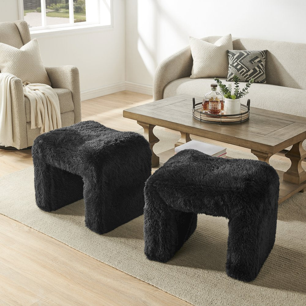 Zorya Contemporary Faux Fur U-Shaped Ottoman, Set of 2, Black