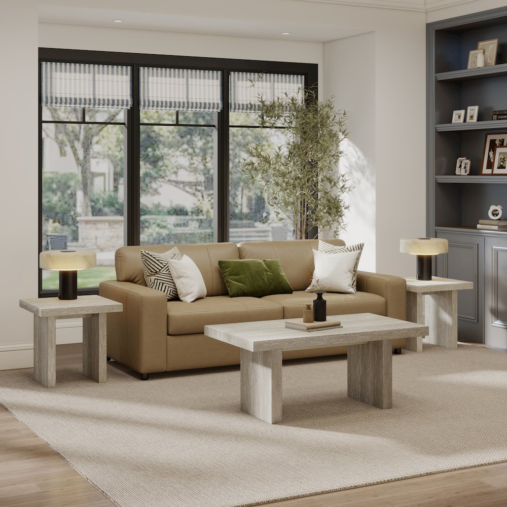 Cavira 3-Piece Faux Marble Coffee Table Set, Table and Two End Tables, Beige