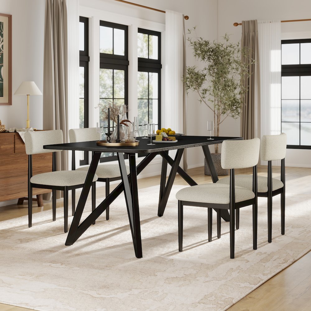 Axler 5-Piece Dining Set, Tripod-Cross Dining Table with 4 Boucle Chairs, Black