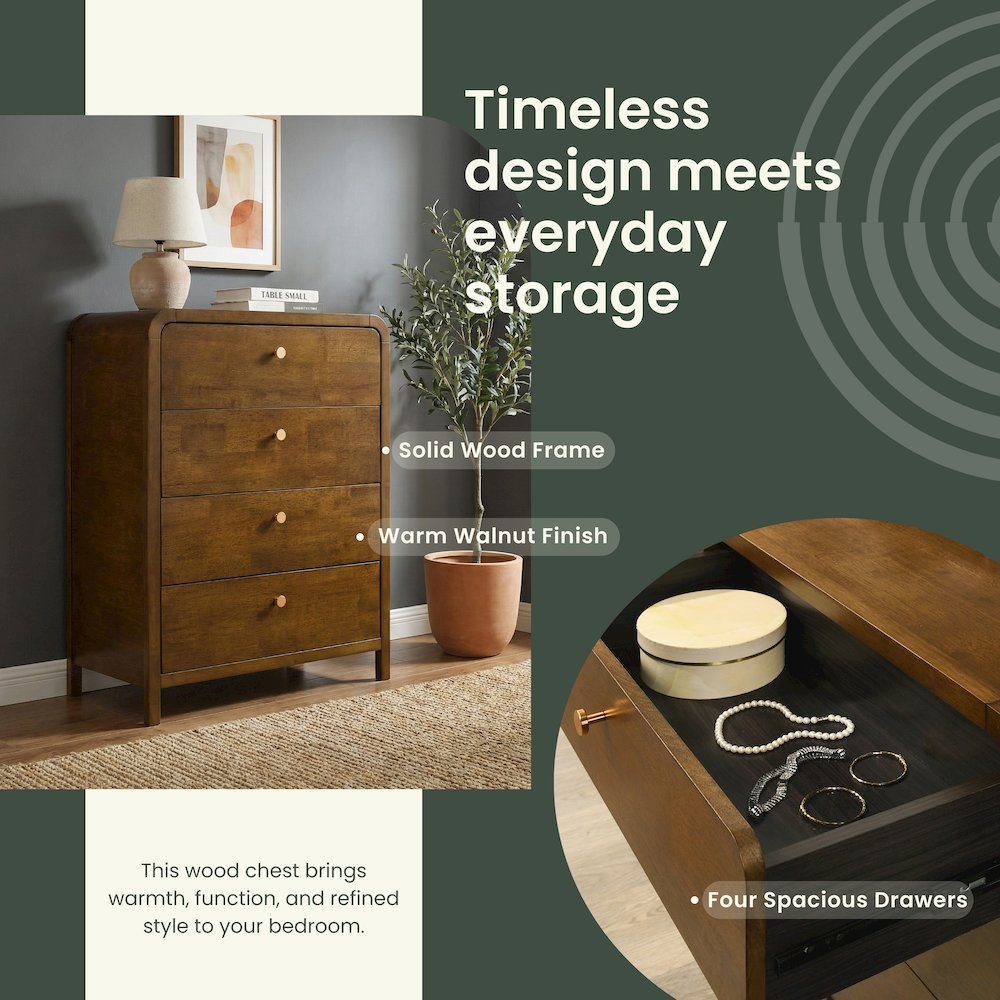 Eldren 4-Drawer Wood Chest with Solid Rubberwood Frame, Walnut Finish