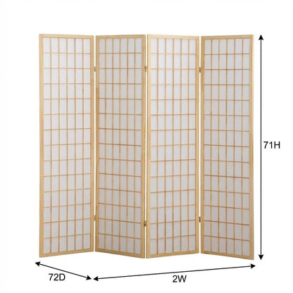 Natural 4-Panel Wood Folding Room Divider, Rice Paper, 71 Inch