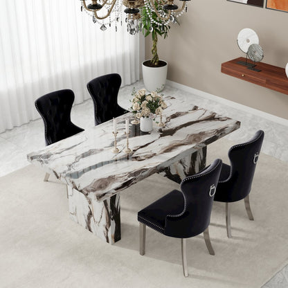 Cavira 7-Piece Dining Set, Faux Marble Dining Table with Four Chairs, Blue