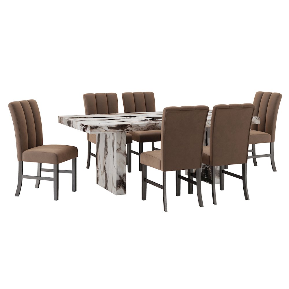 Cavira 7-PC Modern Faux Marble Dining Set, Double Pedestal Table with 6 Chairs
