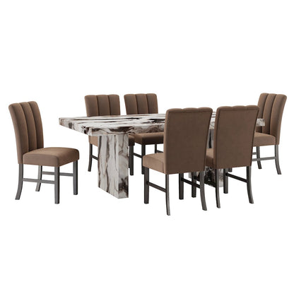 Cavira 7-PC Modern Faux Marble Dining Set, Double Pedestal Table with 6 Chairs