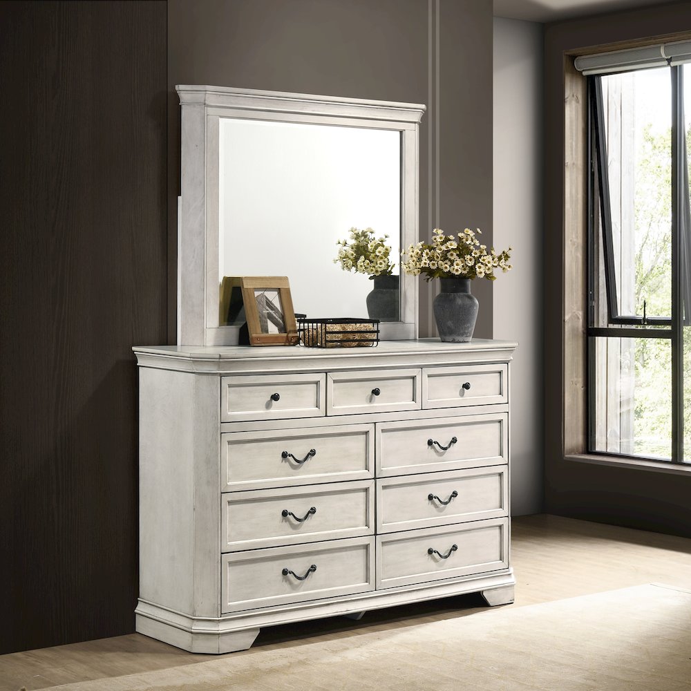 Maderne Wood 7-Drawer Dresser with Mirror, Antique White Finish