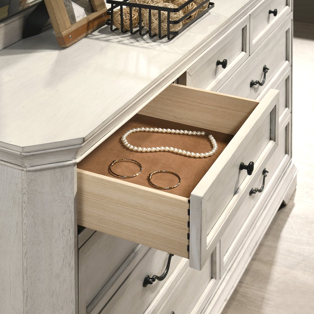 Maderne Wood 7-Drawer Dresser with Mirror, Antique White Finish