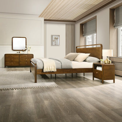 Eldren Wood Bedroom Set, Queen Platform Bed Dresser, Mirror,Two Nightstands
