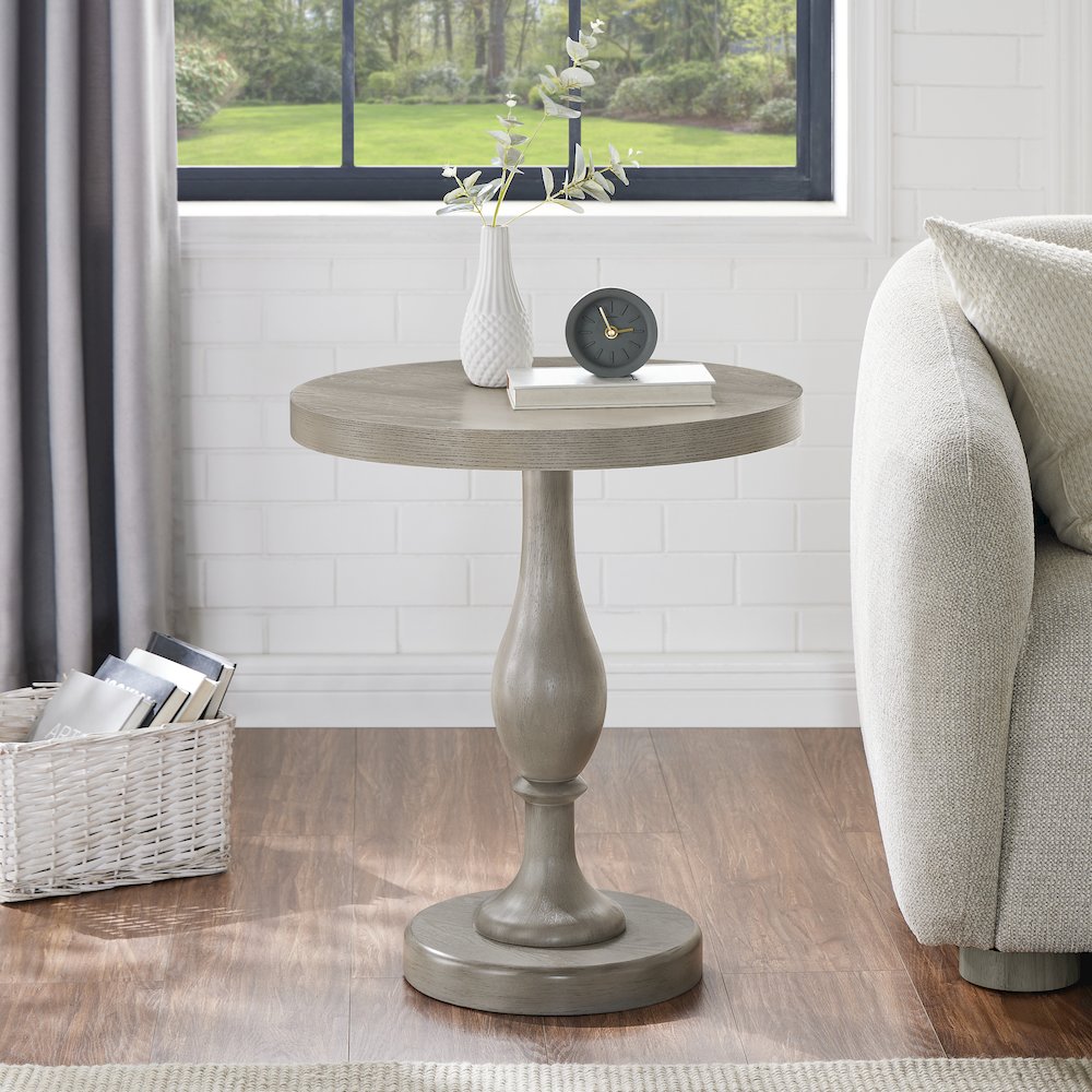 Solmere 22" Round Wood Pedestal End Table, Gray