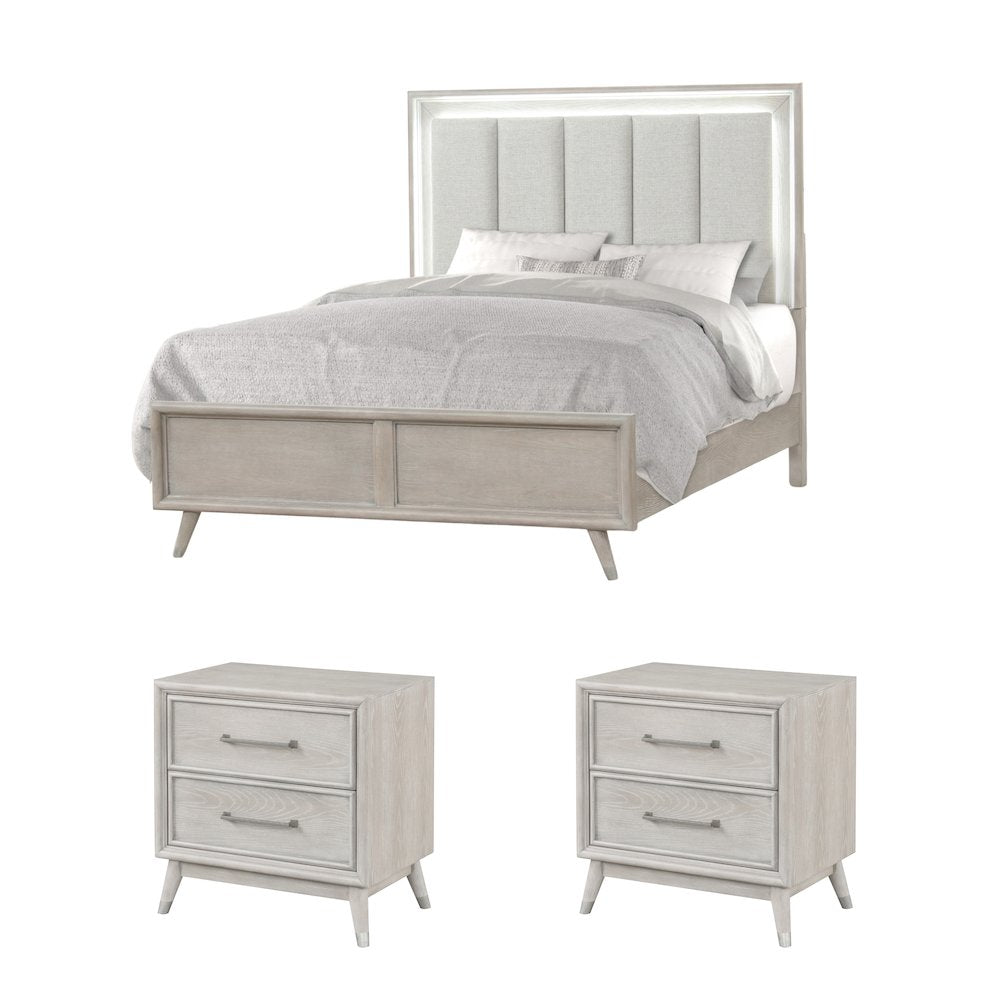 Seluna 3-Piece Bedroom Set with Touch LED Lighting, Gray Oak Finish, Queen