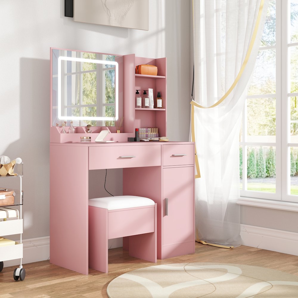 Makeup Vanity Set, Vanity Desk, Stool, LED Light Mirror, Pink
