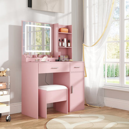 Makeup Vanity Set, Vanity Desk, Stool, LED Light Mirror, Pink