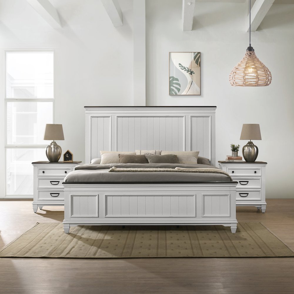 Clelane 3-Piece Wood Bedroom Set, King Bed and 2 Nightstands, Weathered White