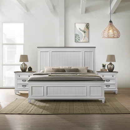 Clelane 3-Piece Wood Bedroom Set, King Bed and 2 Nightstands, Weathered White