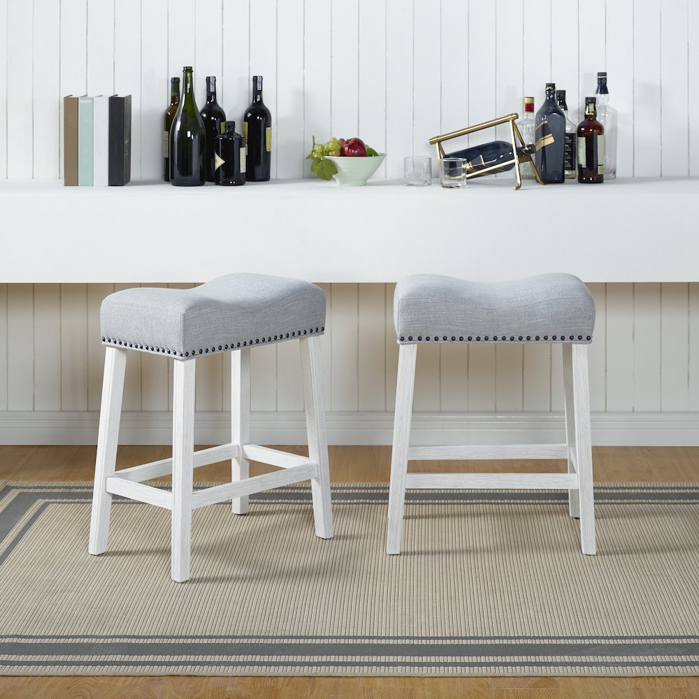CoCo Counter Height Saddle Seat Stools, White-Washed Finish, Gray, Set of 2