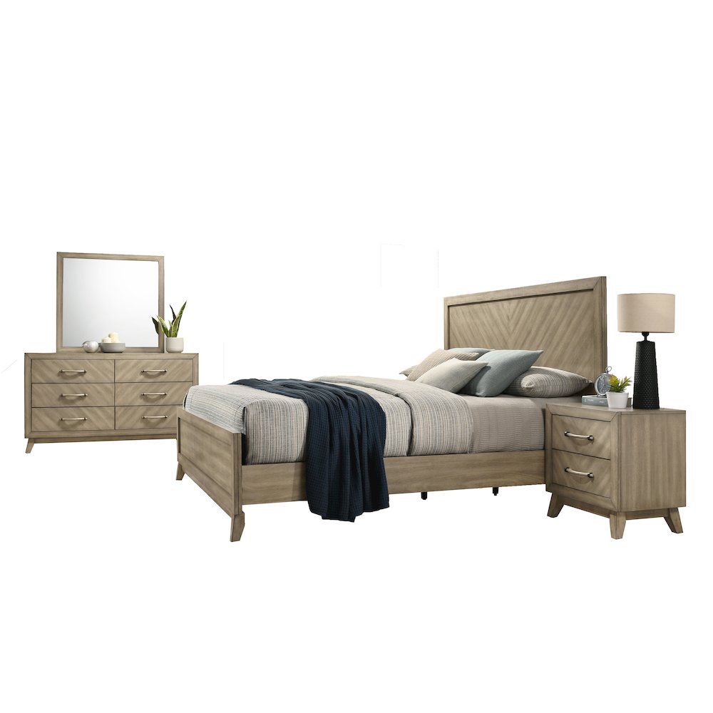 Wood Bedroom Set: Queen Bed, Dresser, Mirror, Nightstand in Weathered Sand
