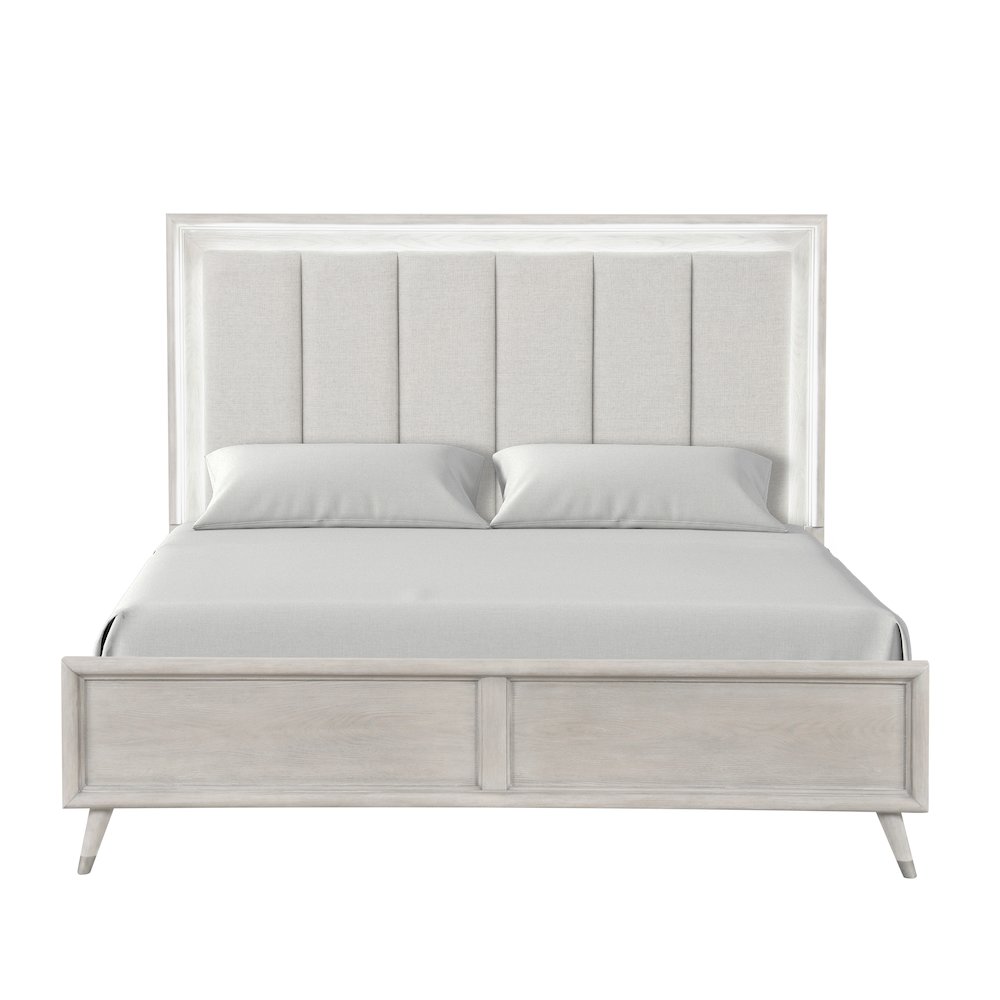 Seluna LED Lighting Panel Bed, Upholstered Headboard, Gray Oak Finish, King