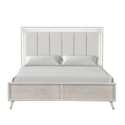 Seluna LED Lighting Panel Bed, Upholstered Headboard, Gray Oak Finish, King