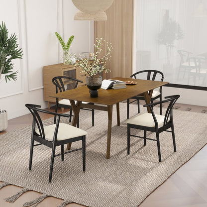 5-Piece Dining Set, Walnut Finished Dining Table with 4 Black Wishbone Chairs
