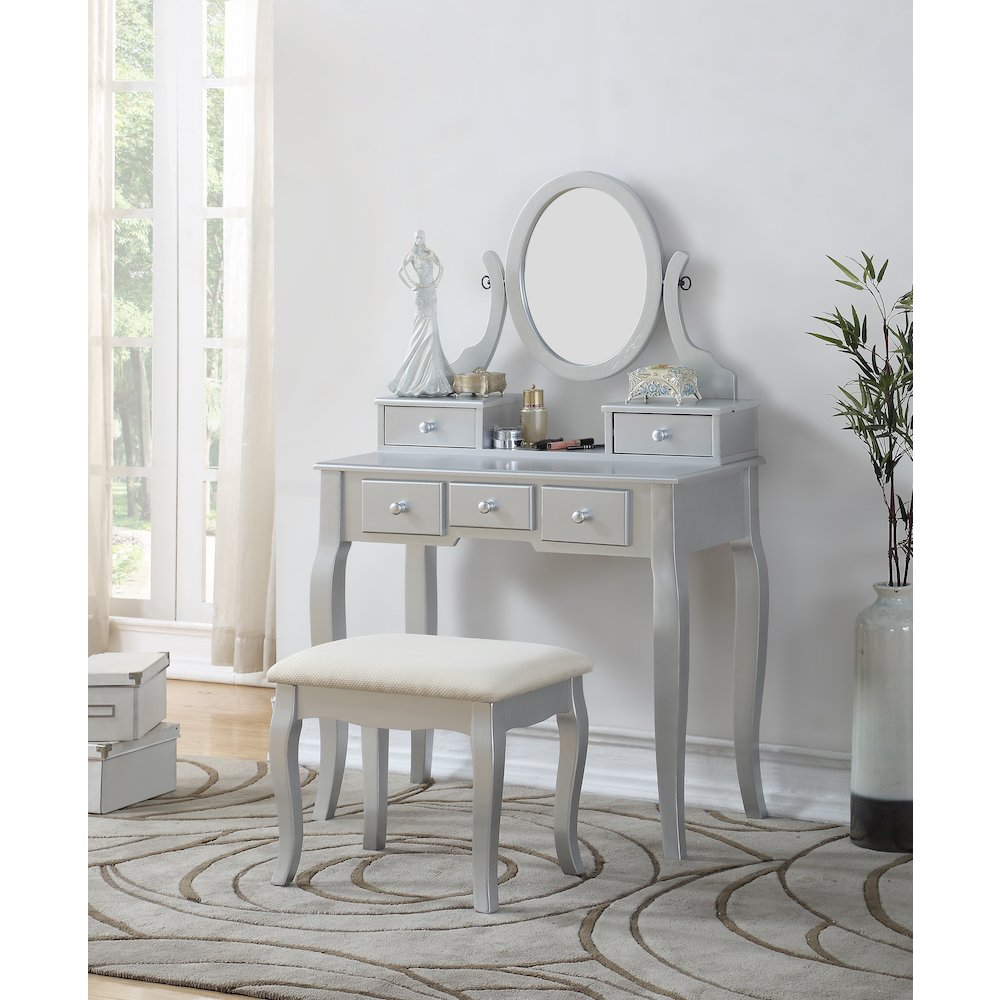 Ashley Wood Makeup Vanity Table and Stool Set, Silver
