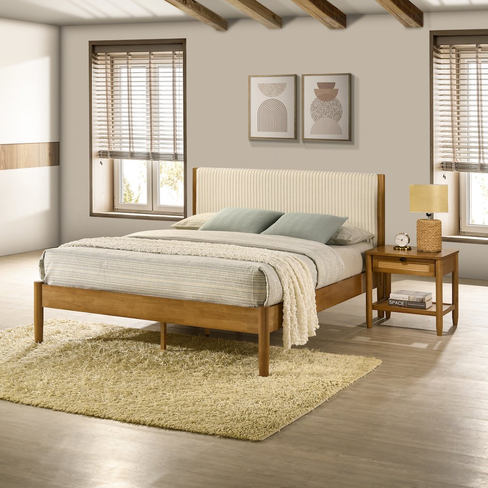 Vichy Rubberwood Bedroom Set with Corduroy Upholstered Queen Bed and Nightstand