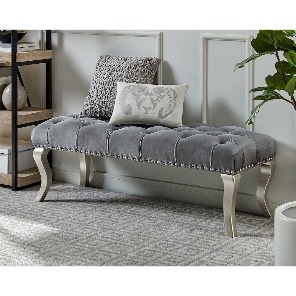 Decor Maxem Tufted Fabric Upholstered Seat with Nailhead Trim Bench, Gray