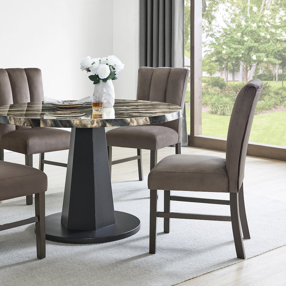 Cavira 5-PC Dining Set, Black and Gold Faux Marble Table with 4 Brown Chairs