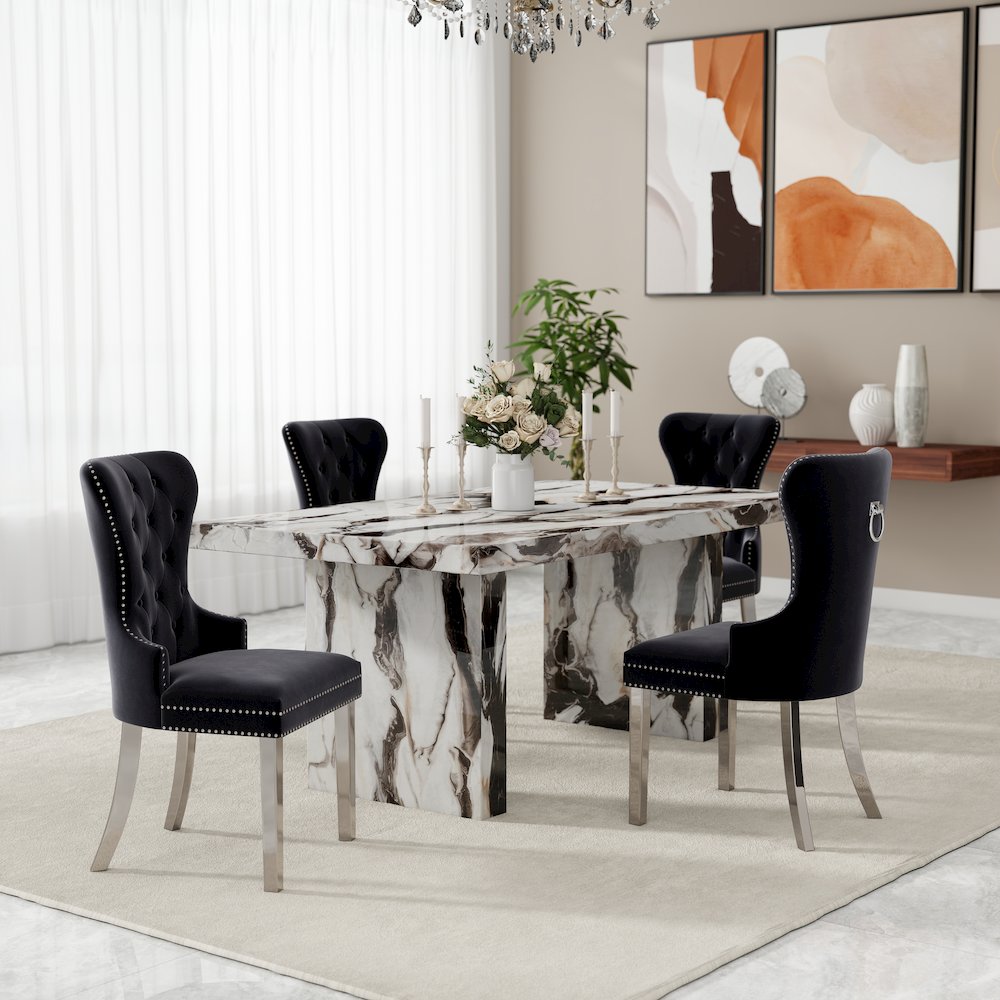 Cavira 7-Piece Dining Set, Faux Marble Dining Table with Four Chairs, Blue