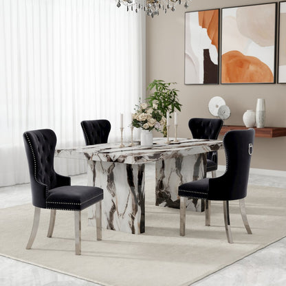Cavira 7-Piece Dining Set, Faux Marble Dining Table with Four Chairs, Blue