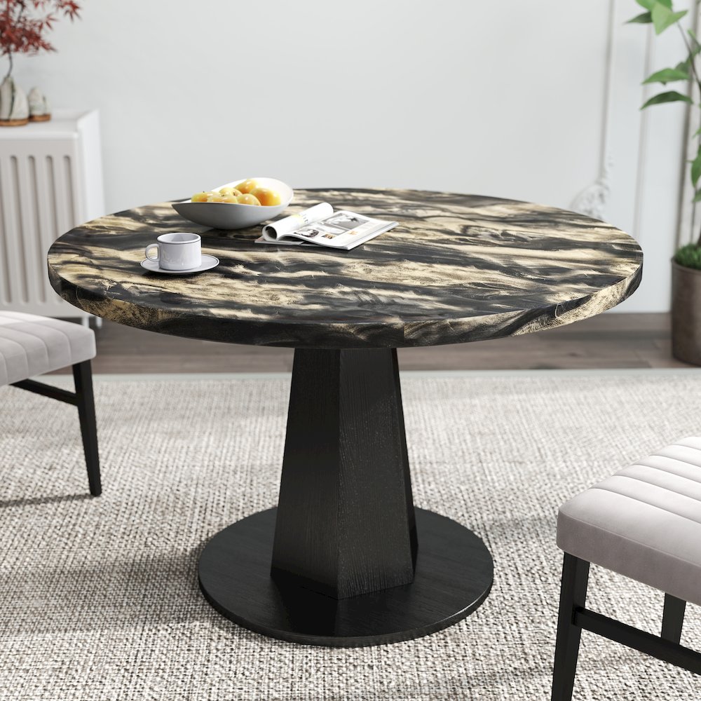 5-Piece Dining Set, Black and Gold Faux Marble Dining Table Four Chairs, Tan