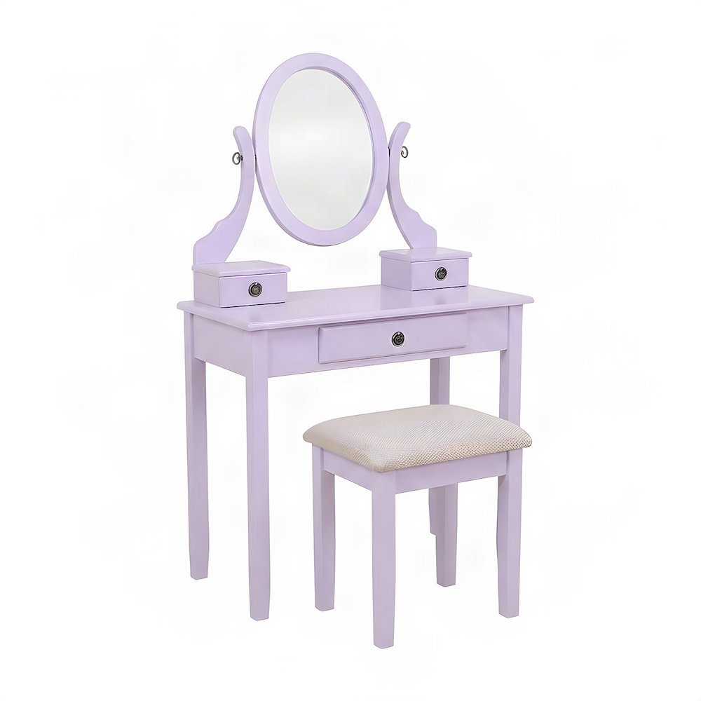 Wood Makeup Vanity Table and Stool Set with Upholstered Seat, Girls, Purple