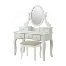 Wood Makeup Vanity Desk with Mirror, Glass Top, and Upholstered Stool, White