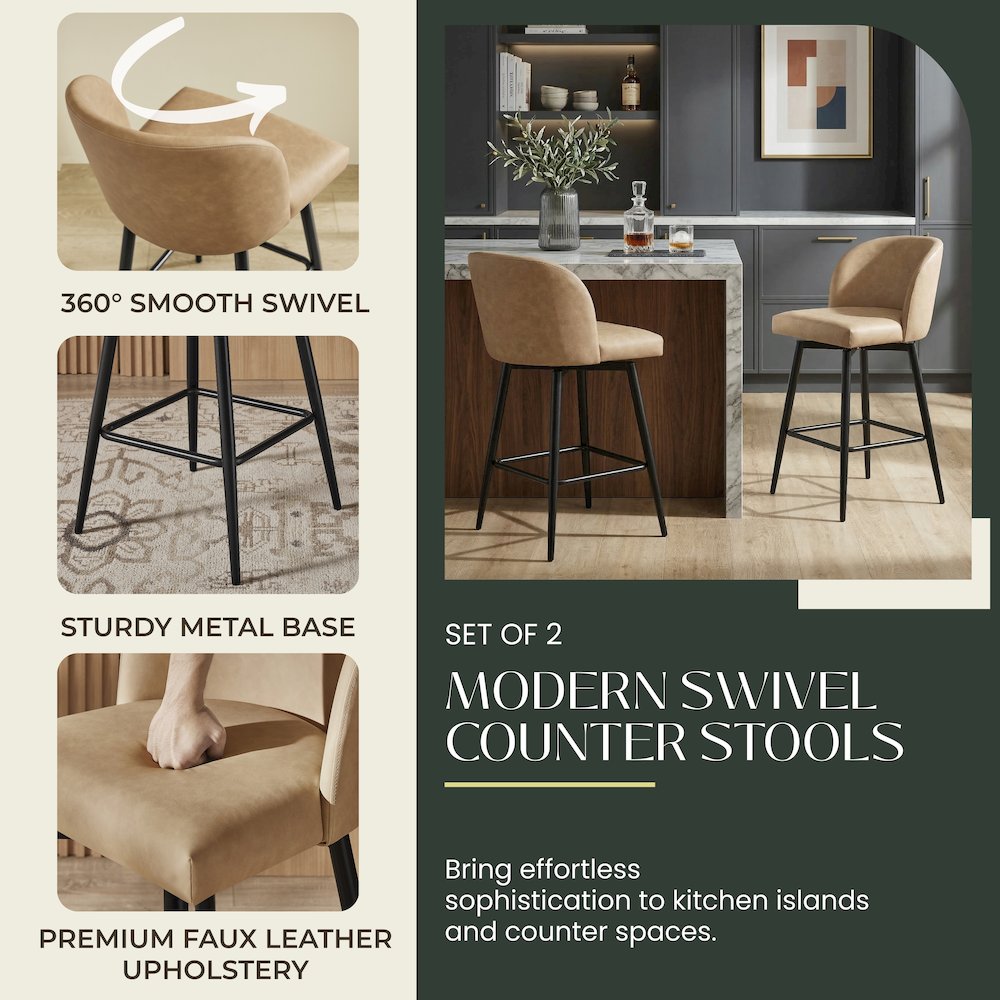 Rhythm Upholstered Counter Height Stool, 360° Swivel, Set of 2, Camel