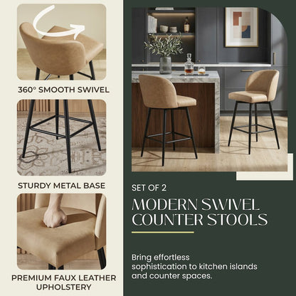 Rhythm Upholstered Counter Height Stool, 360° Swivel, Set of 2, Camel