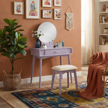 Contemporary Wood and Glass Small Vanity Desk with Upholstered Stool, Purple