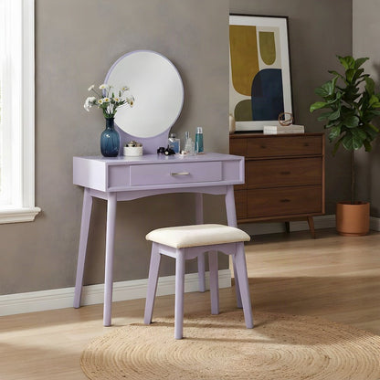 Contemporary Wood and Glass Small Vanity Desk with Upholstered Stool, Purple