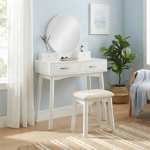Wood and MDF Makeup Vanity Desk and Upholstered Stool with Mirror, White