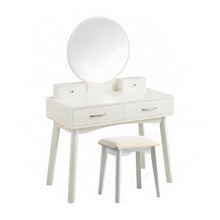 Wood and MDF Makeup Vanity Desk and Upholstered Stool with Mirror, White