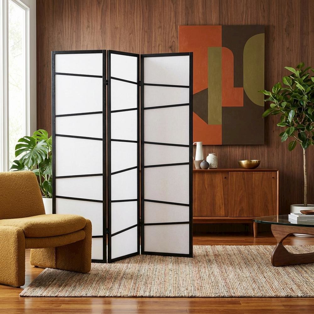 Black 3-Panel Wood Folding Room Divider, Fabric, 71 Inch