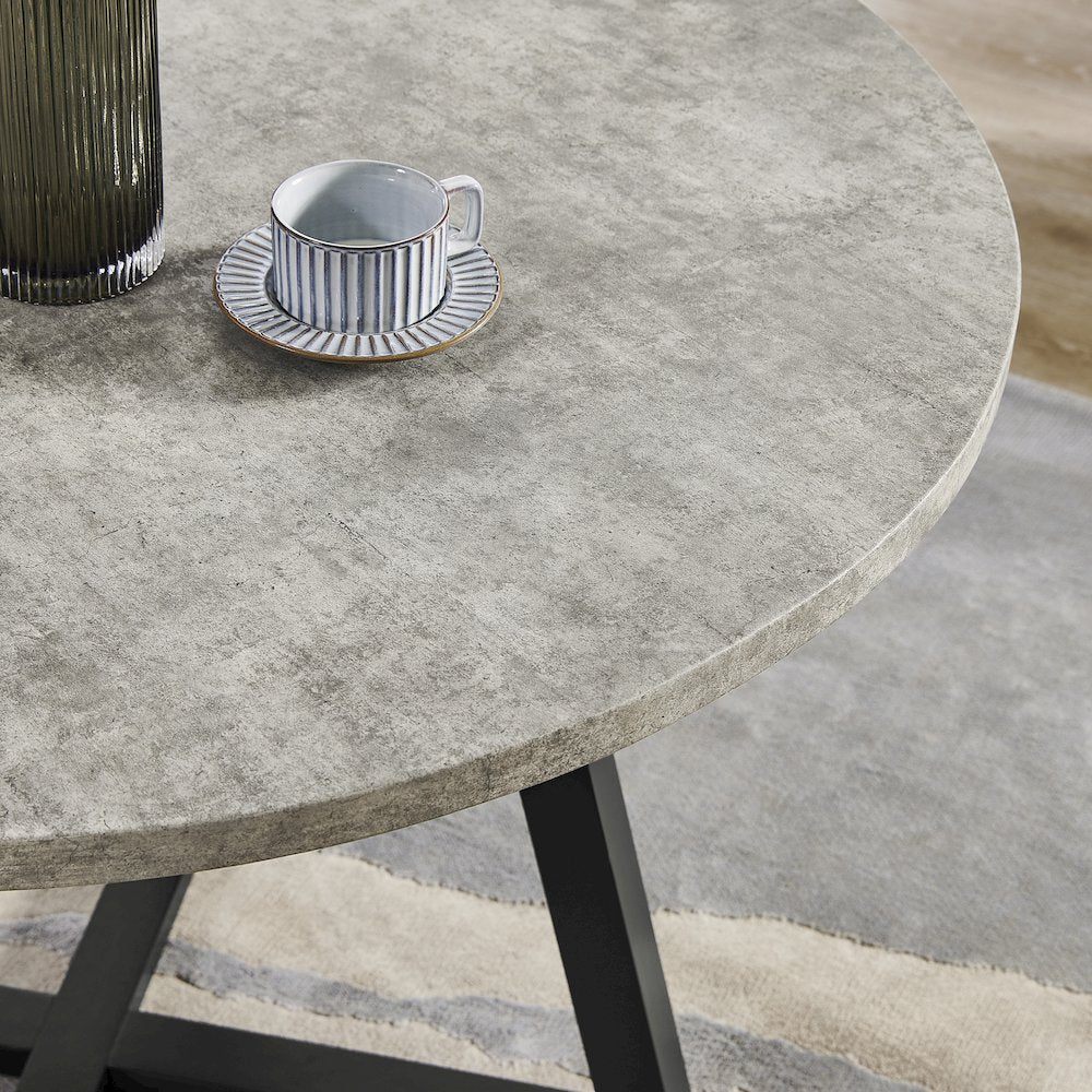 Endo Contemporary Round Dining Table, Trestle Base, Faux Concrete Gray