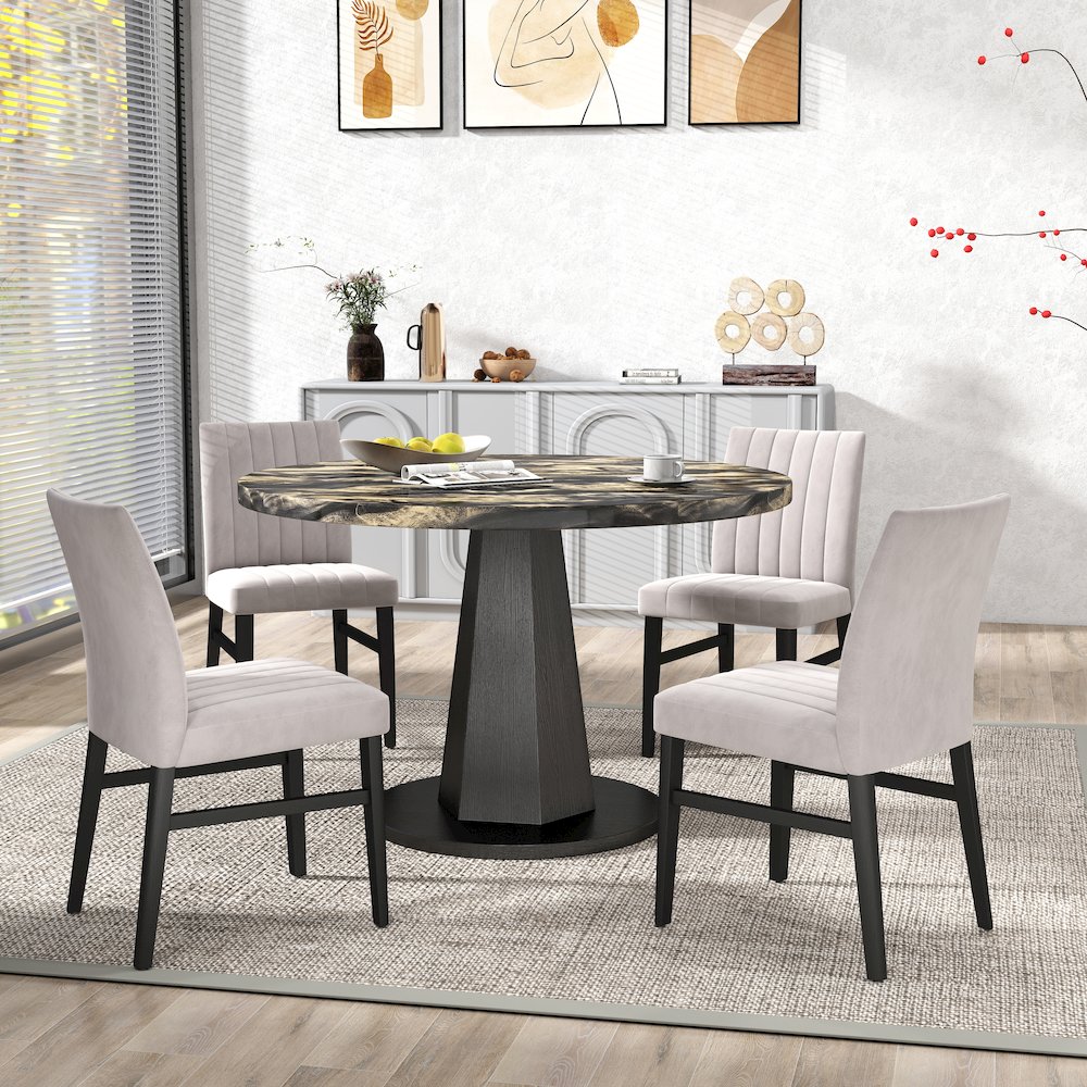 5-Piece Dining Set, Black and Gold Faux Marble Dining Table Four Chairs, Tan