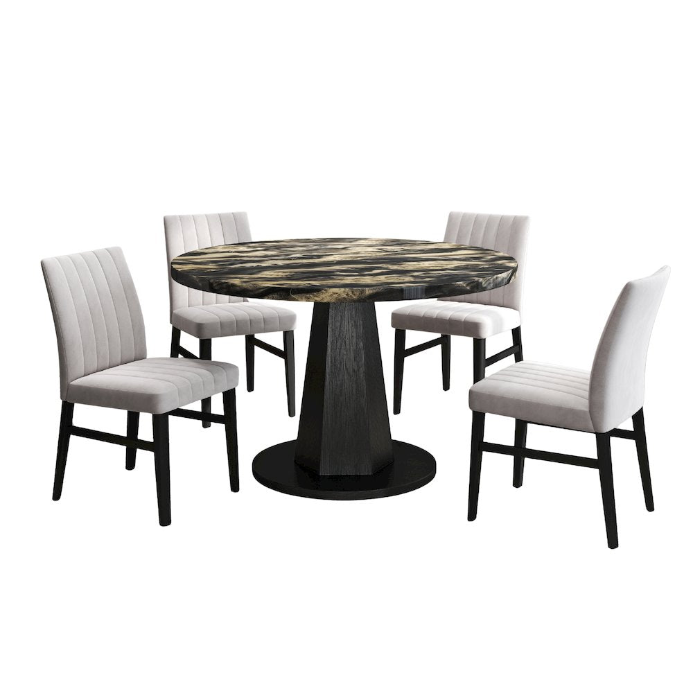 5-Piece Dining Set, Black and Gold Faux Marble Dining Table Four Chairs, Tan