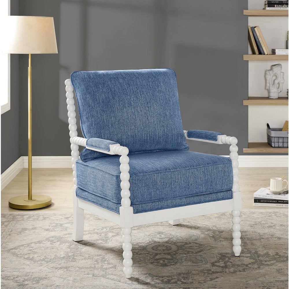 Belvoir Upholstered Spool Accent Chair, Denim Blue with White Finish