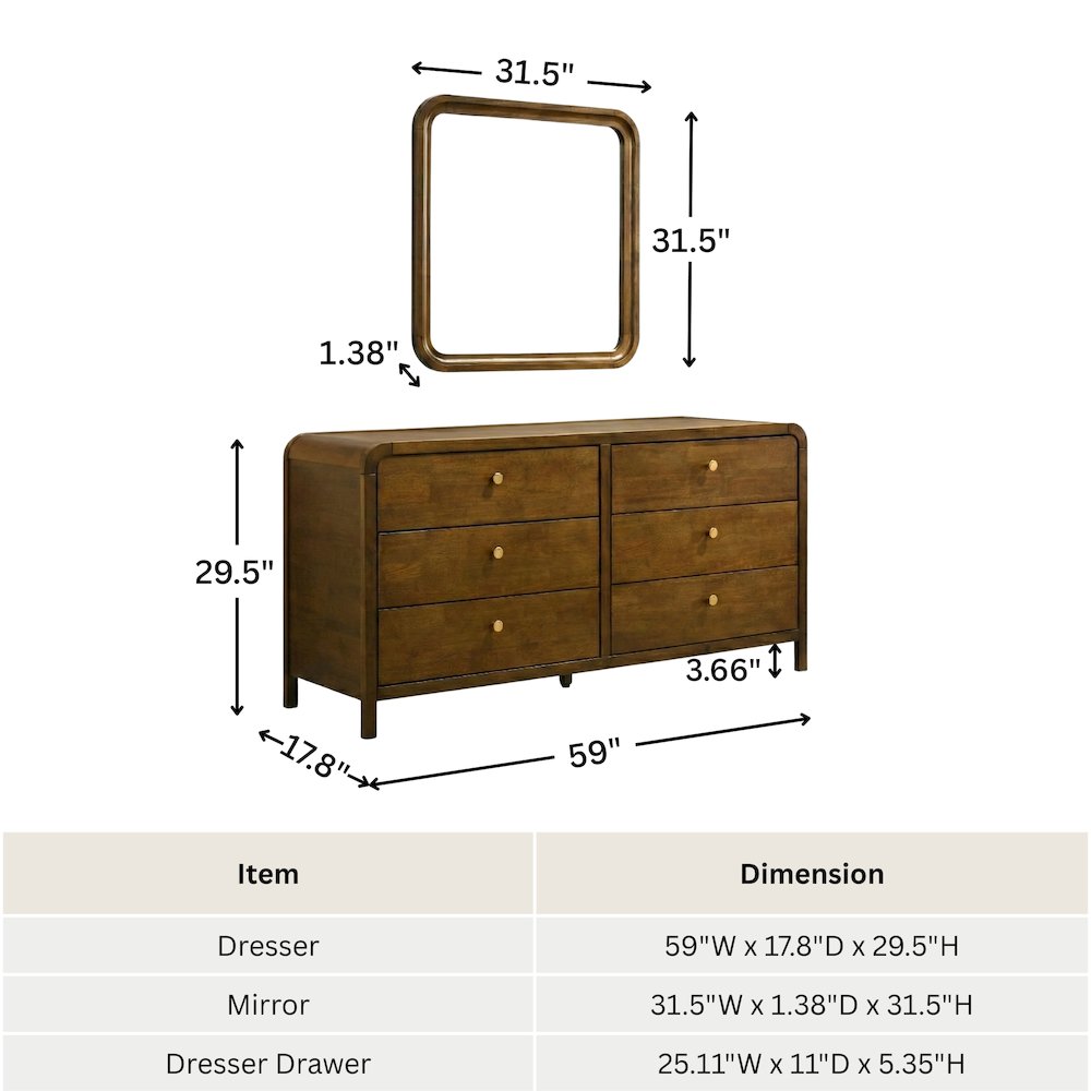 Eldren 6-Drawer Wood Dresser with Mirror, Walnut Finish