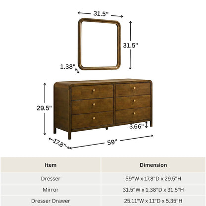 Eldren 6-Drawer Wood Dresser with Mirror, Walnut Finish
