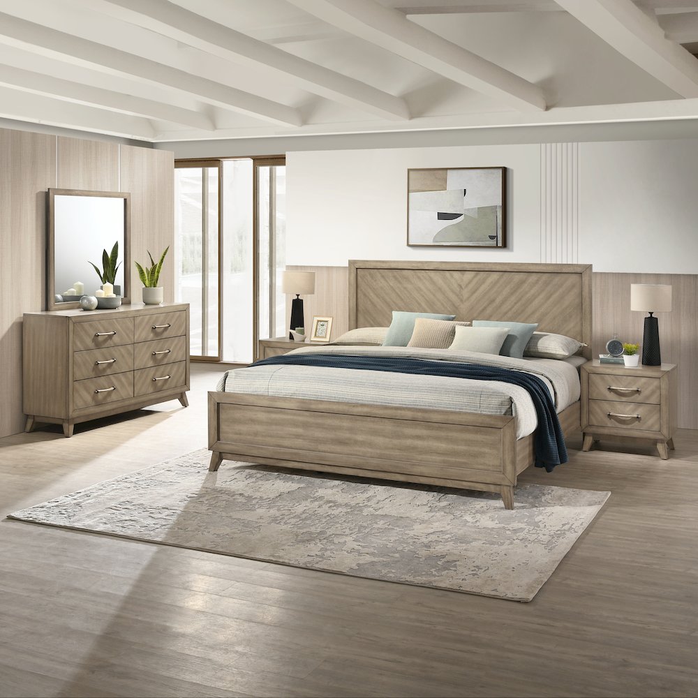 Wood Bedroom Set: Queen Bed, Dresser, Mirror, 2 Nightstands in Weathered Sand
