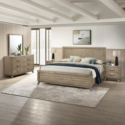 Wood Bedroom Set: Queen Bed, Dresser, Mirror, 2 Nightstands in Weathered Sand