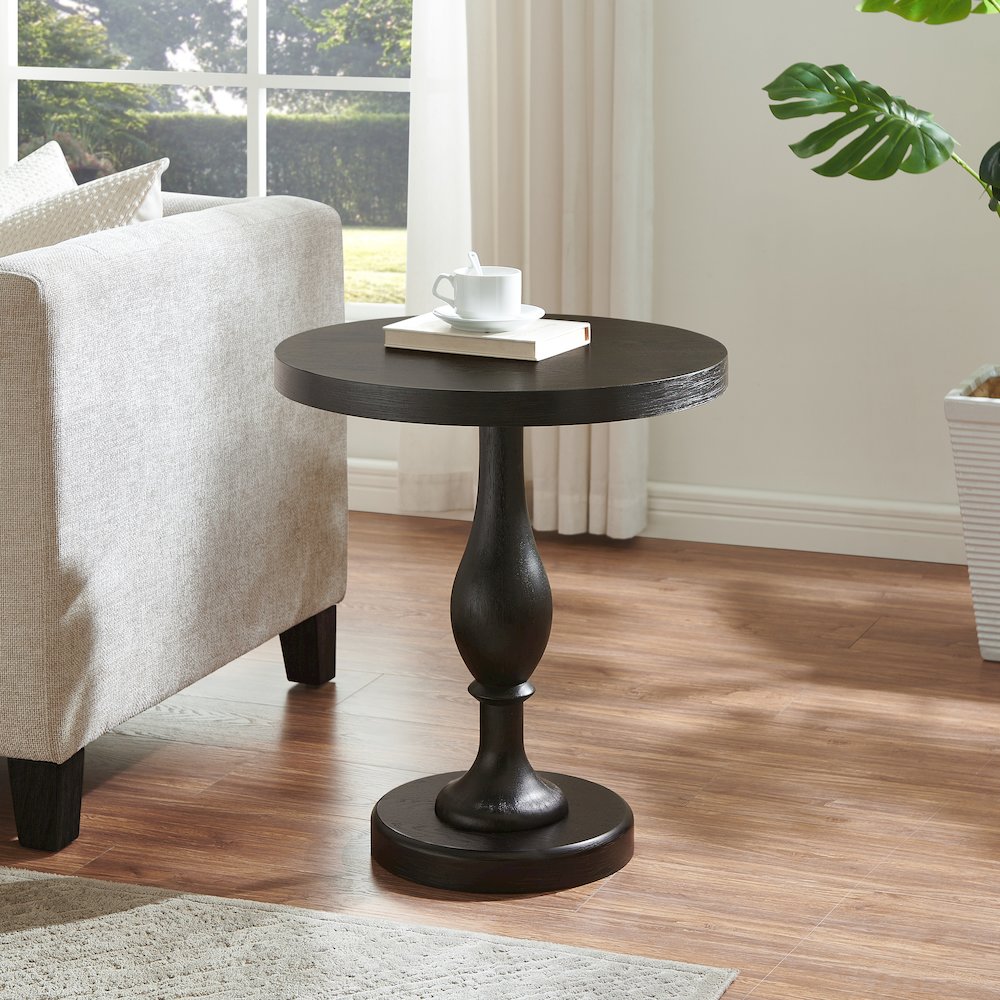 Solmere 22" Round Wood Pedestal End Table, Black