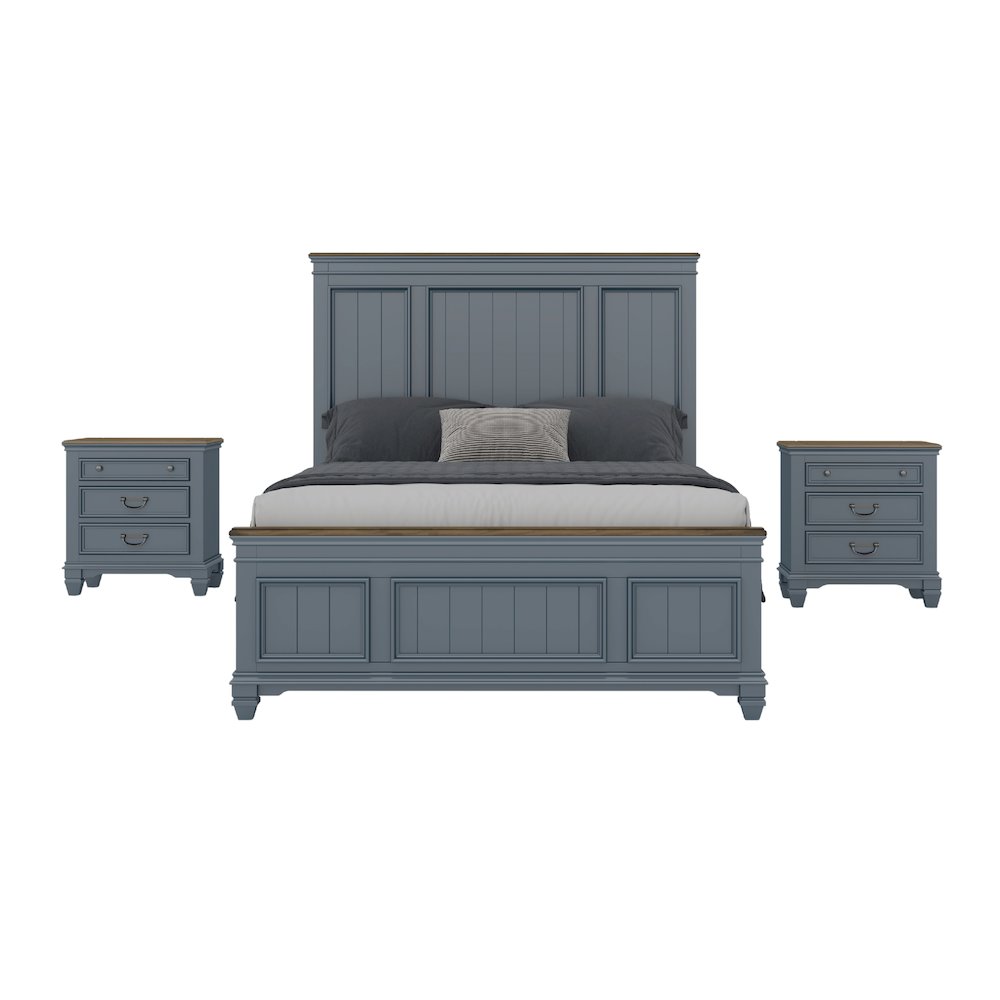 Clelane Wood Bedroom Set with Shiplap Panel Queen Bed and 2 Nightstands