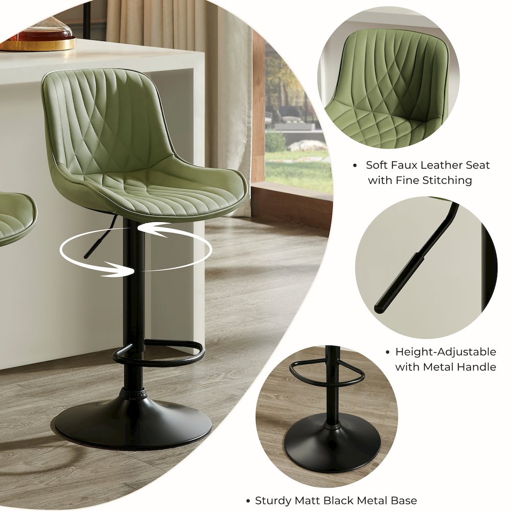 Kovyn Contemporary Adjustable Barstool with Faux Leather Swivel Seats, Set of 2